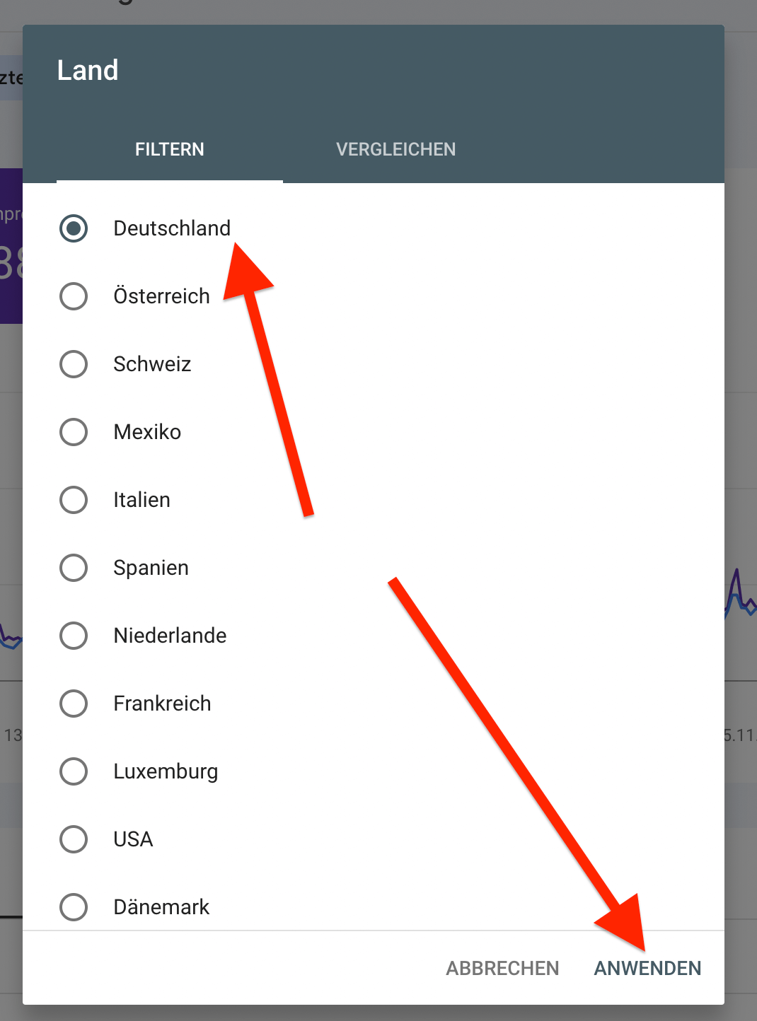 Search Console Filter anpassen und Ranking in Land überprüfen