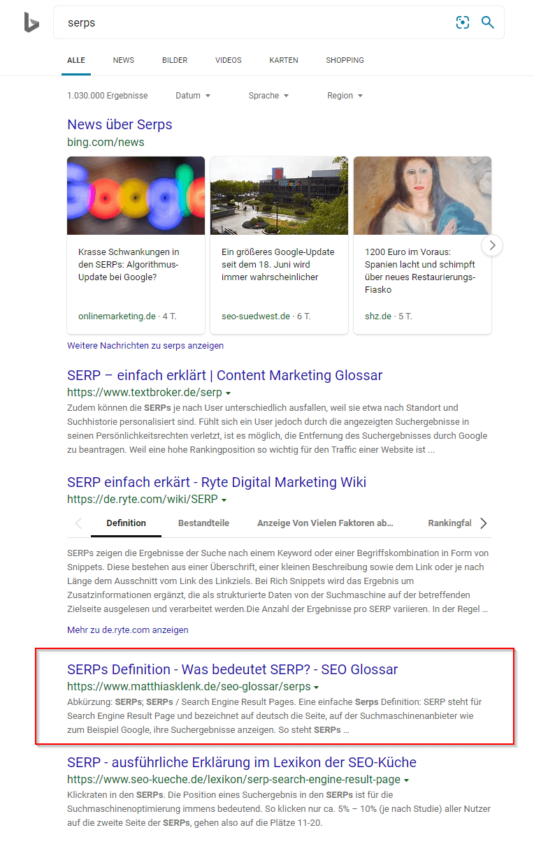 Bing SERPs: Suche nach dem Begriff SERPs Bing SERPs: Suche nach dem Begriff SERPs