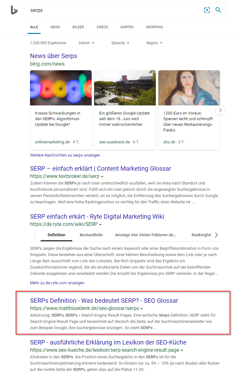 Bing SERPs: Suche nach dem Begriff SERPs