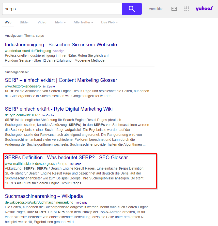 Yahoo-SERPs: Suche nach dem Begriff SERPs