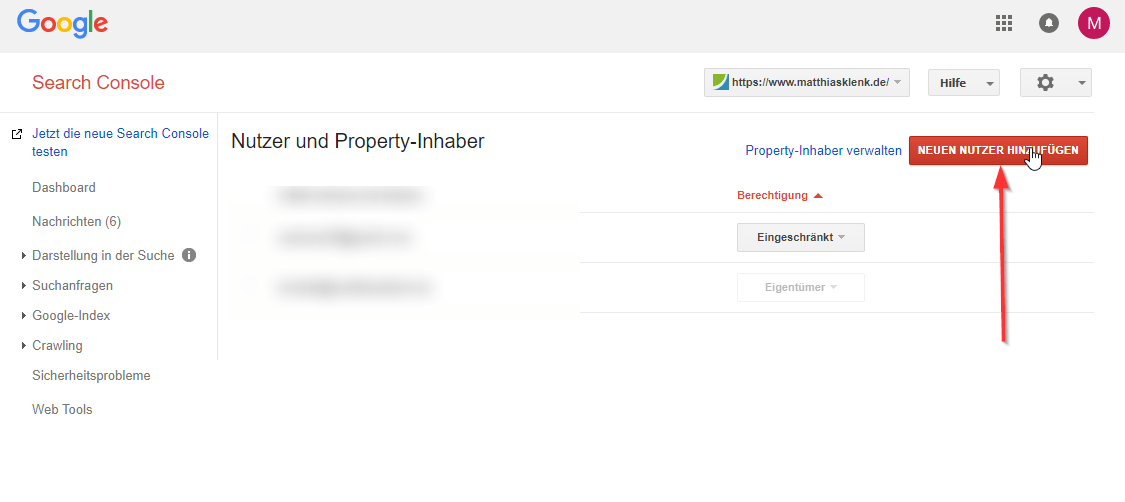 Search Console: Nutzer hinzufügen