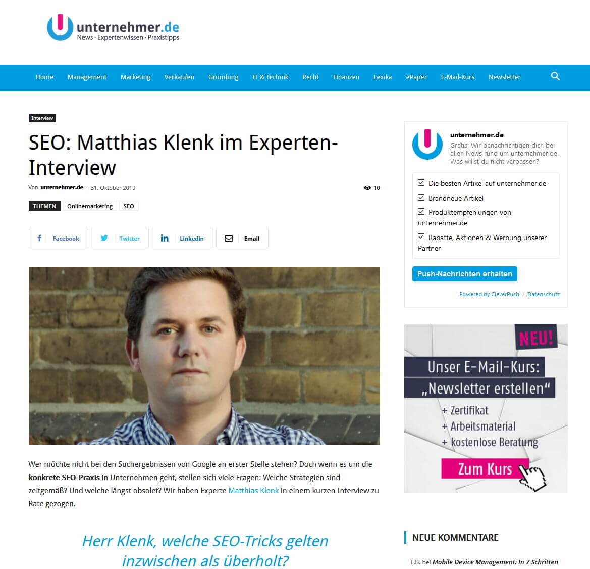 SEO Experte Interview auf unternehmer.de - Matthias Klenk
