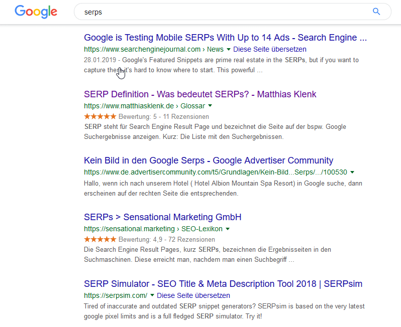 Serps Definition Beispiel Suche Google