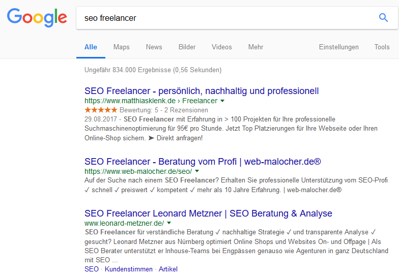 SERPs Beispiel Suche