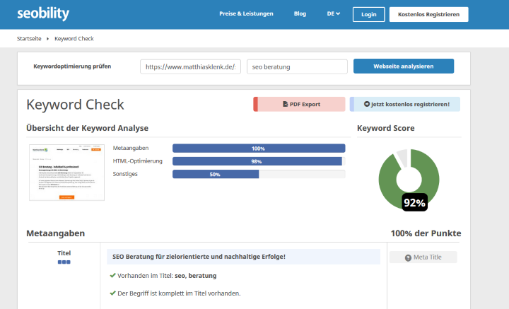 SEO Tool Seobility Ranking Check kostenlos Screenshot