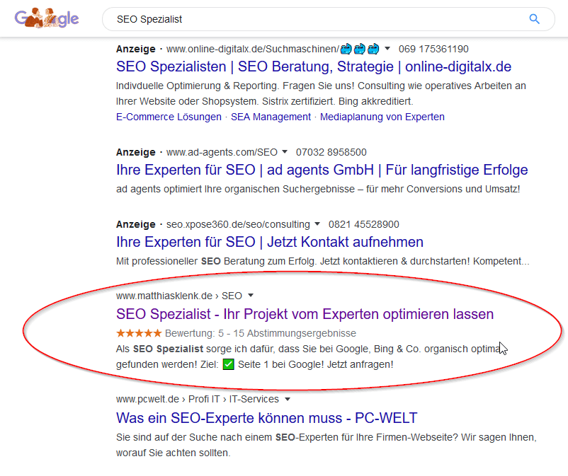 Suche nach SEO Spezislist Bsp.: Google Ranking