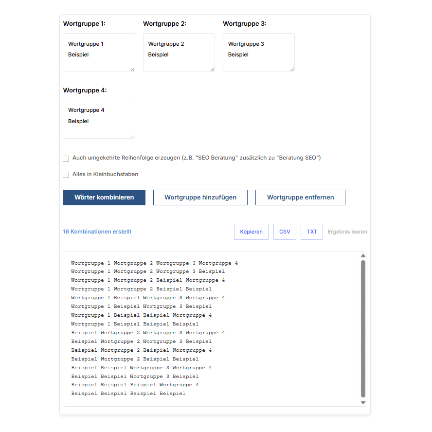 Keyword-Kombinationen erstellen