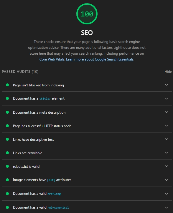 100 Score SEO Google Lighthouse Chrome