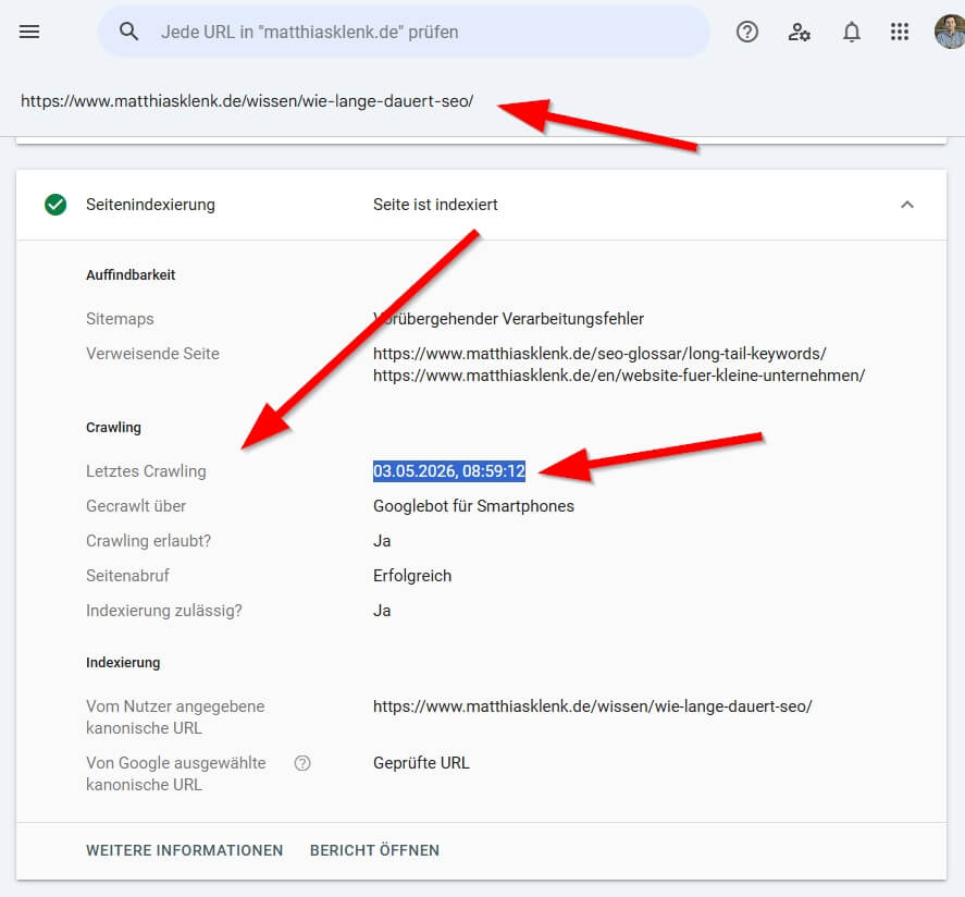 Datum des letzten Crwaling seine rURL in der GSC