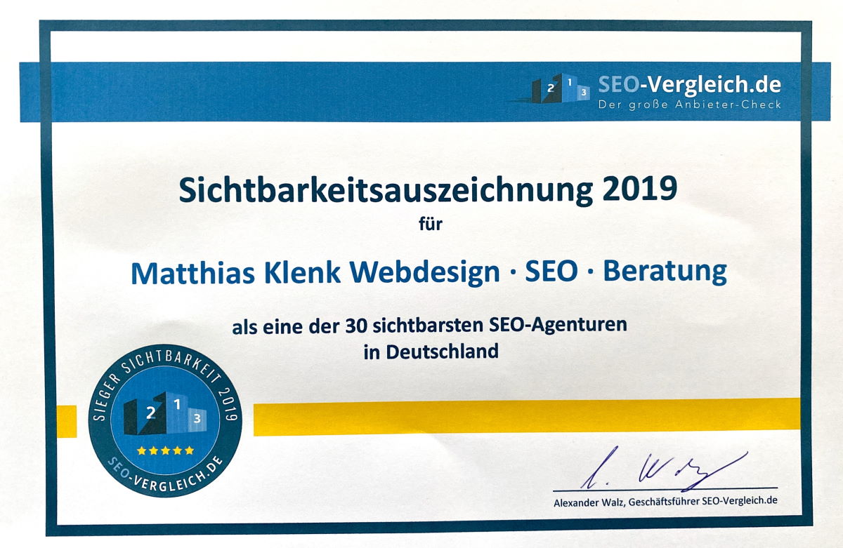 SEO Sichtbarkeitsauszeichnung 2019 für MatthiasKlenk.de