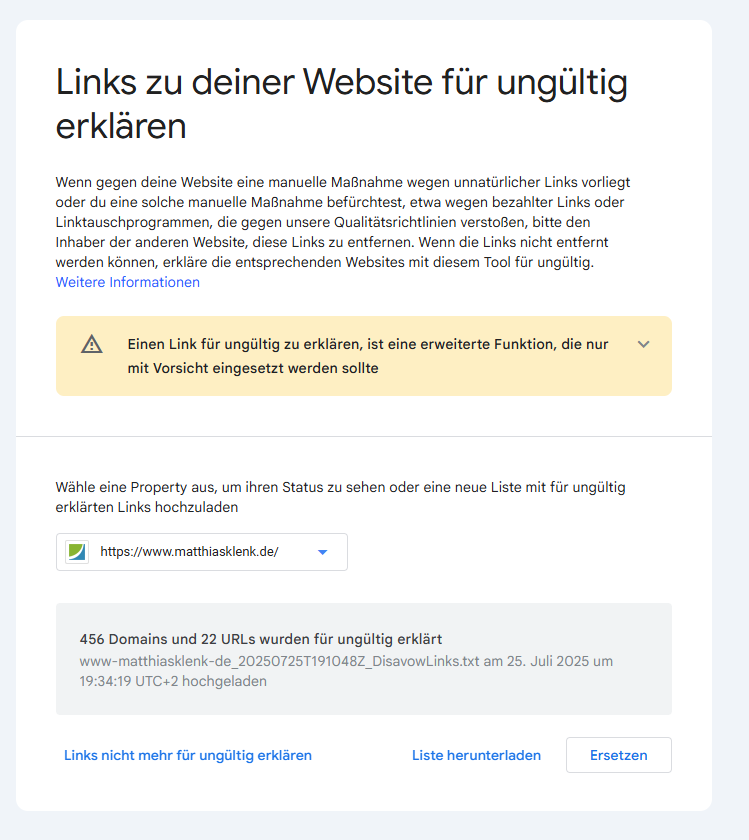 Screenshot / Beispiel Disavow Tool