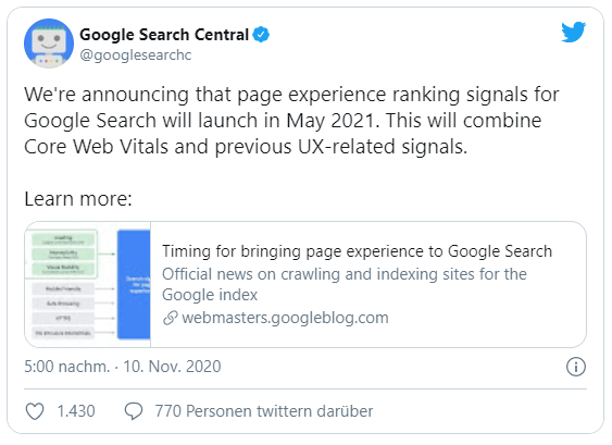 Mai 2021: Core Web Vitals offizielle Rankingfaktoren