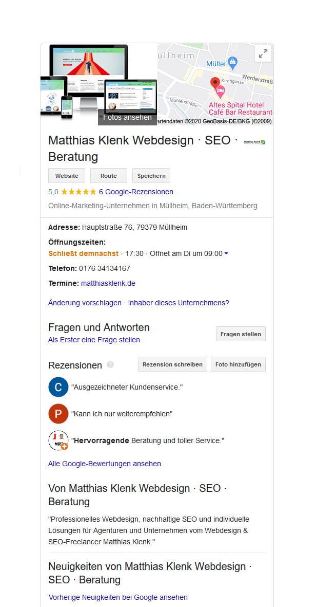 Google My Business: Besipiel Lokales Unternehmen in den SERPs