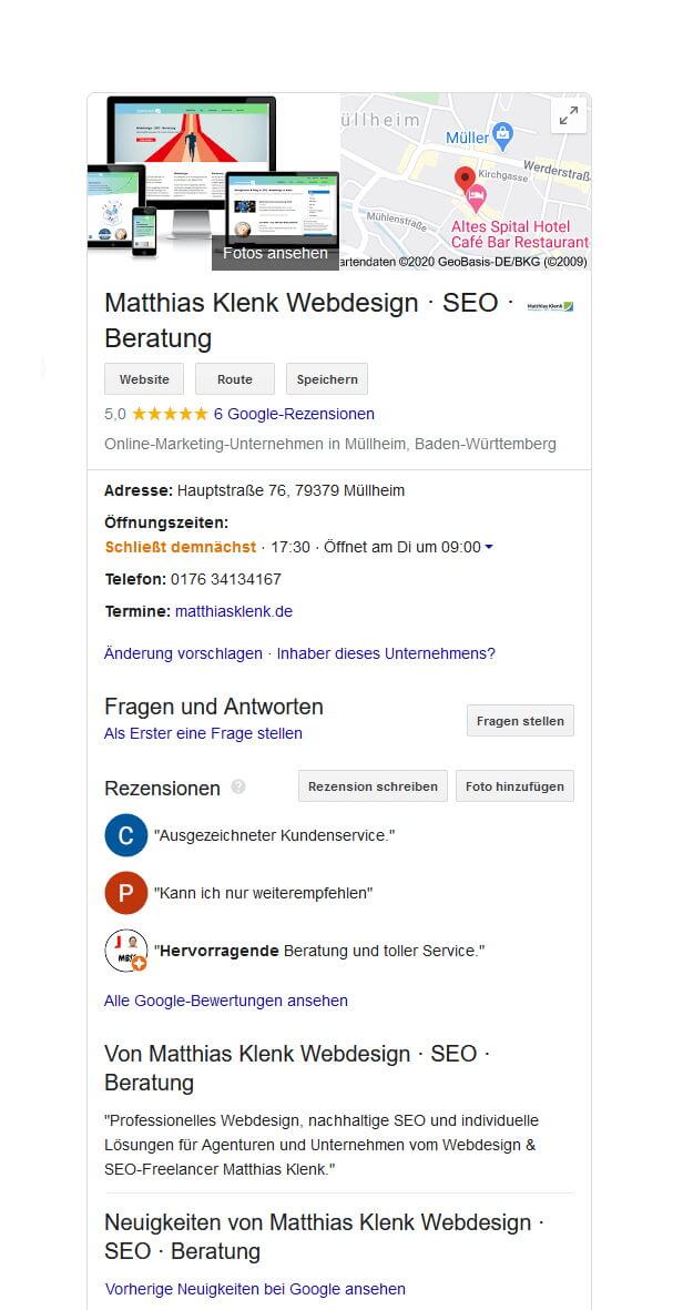 Google My Business: Beispiel Lokales Unternehmen in den SERPs