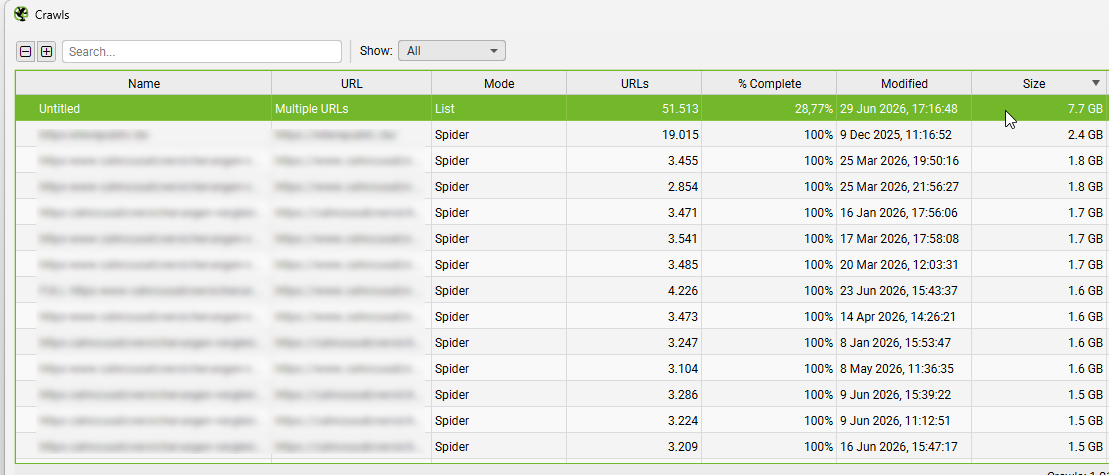 Großer Crawl mit 7,7 GB Datenvolumen Screaming Frog Crawl mit 51.513 URLs und 7,7 GB Datenvolumen bei erst 28 Prozent Fortschritt