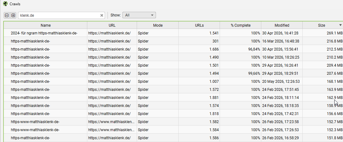 Screaming Frog Crawls von matthiasklenk.de Screaming Frog Crawls der Website matthiasklenk.de mit rund 1.500 URLs und über 200 MB pro Crawl